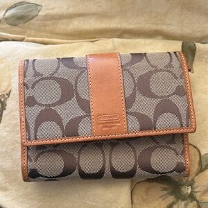 Coach Brown & Tan Signature Canvas Trifold Wallet